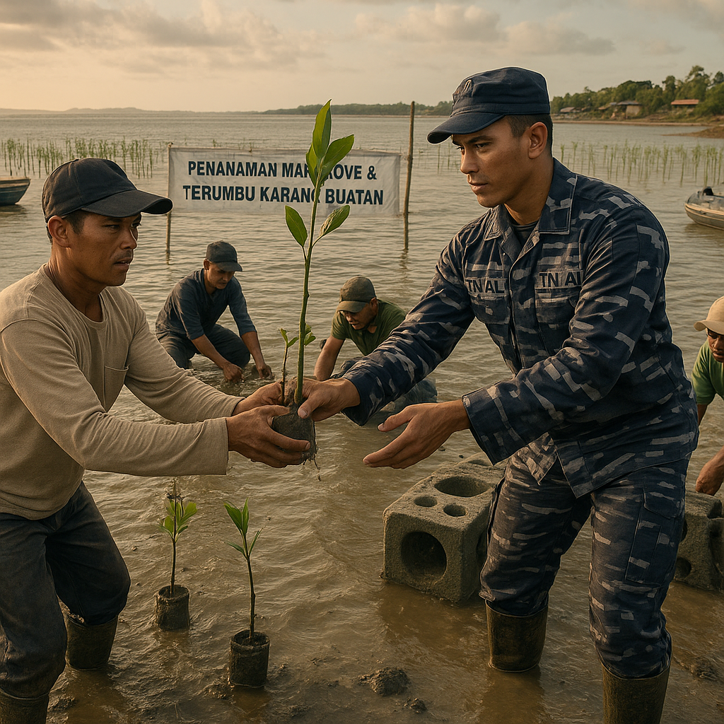 Kolaborasi TNI AL dengan Nelayan dalam Program 'Penanaman Mangrove dan Terumbu Karang Buatan' untuk Rehabilitasi Pesisir