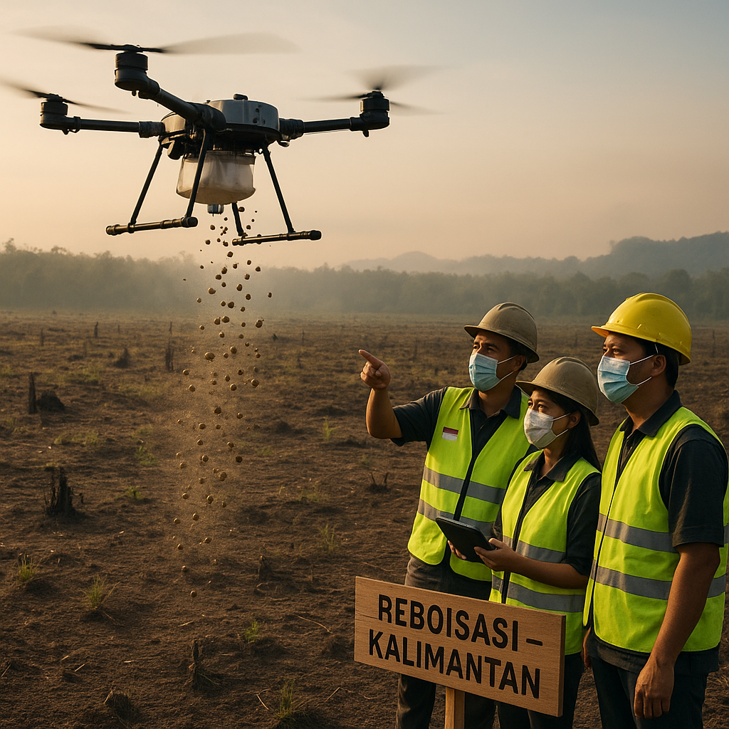 Drone Sebar Bibit Tanaman Hutan untuk Reboisasi di Lahan Kritis Kalimantan