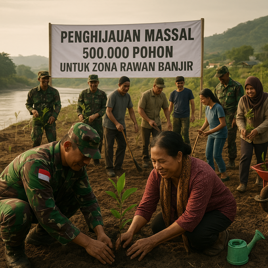TNI AD dan Masyarakat Tanam Pohon di Zona Rawan Bencana Banjir