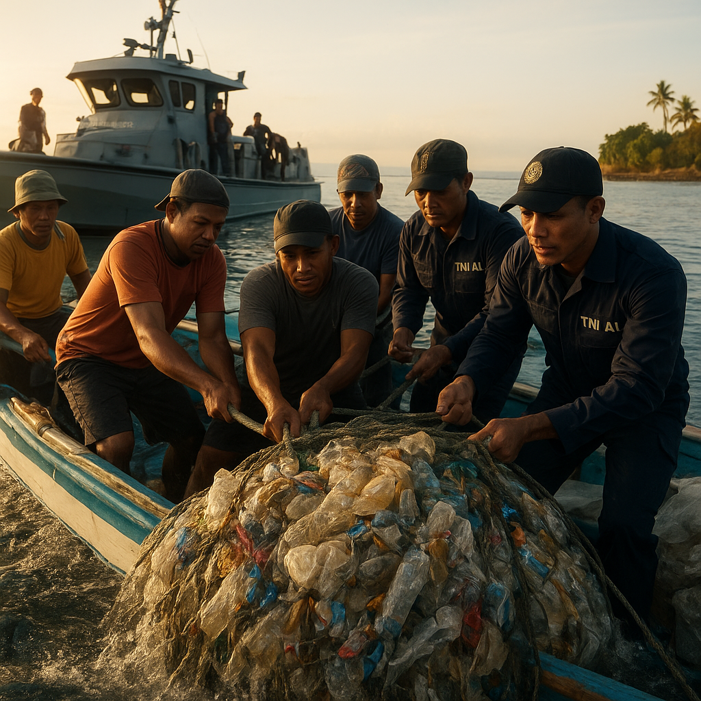 Kolaborasi TNI AL dan Nelayan Bersihkan Sampah Plastik Laut