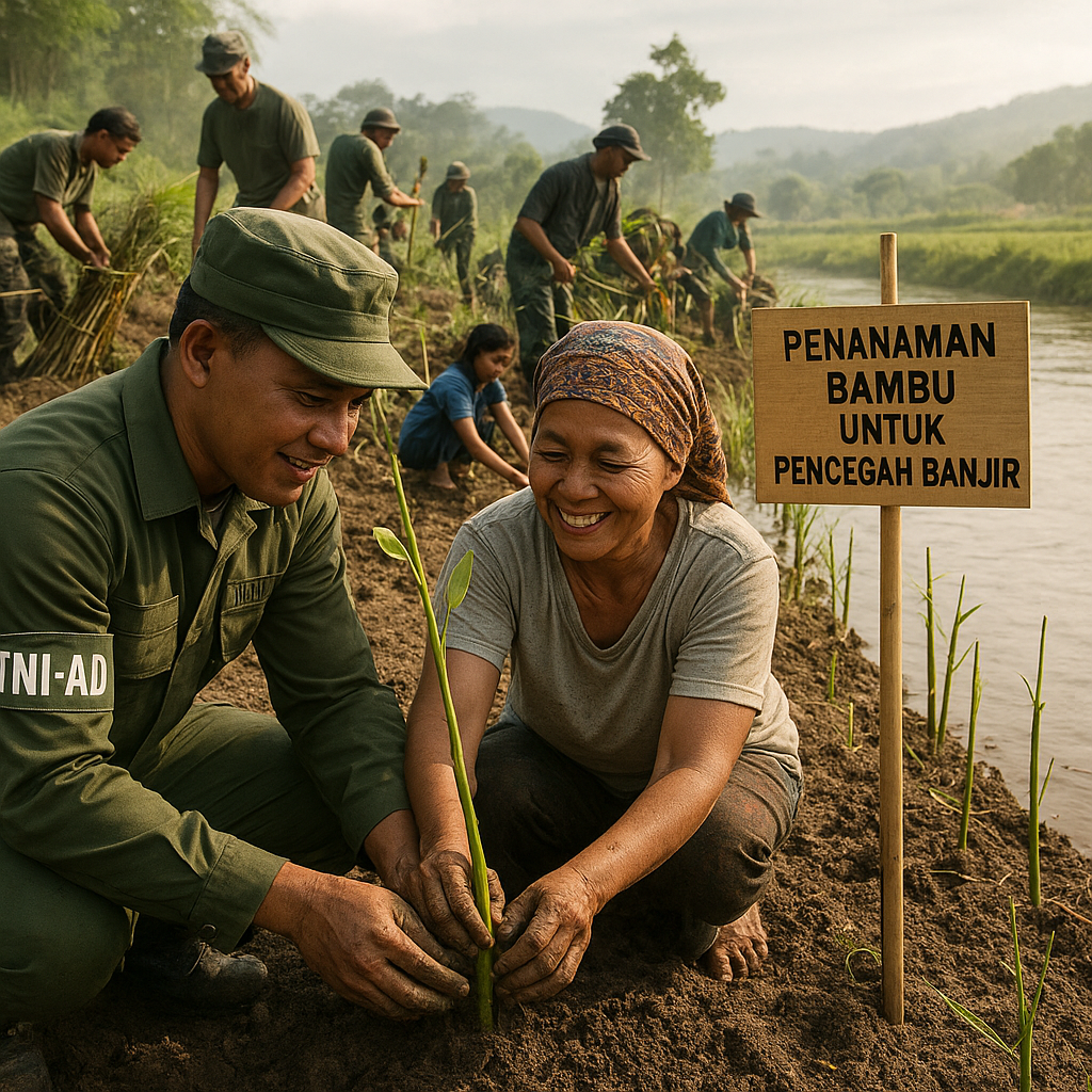 TNI-AD dan Warga Tanam Bambu di Bantaran Sungai untuk Mencegah Banjir