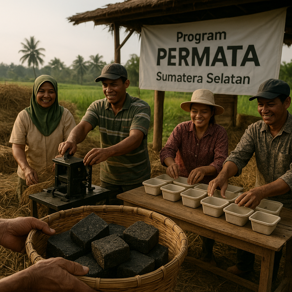 Petani di Sumsel Mengolah Limbah Jerami menjadi Briket dan Wadah Ramah Lingkungan